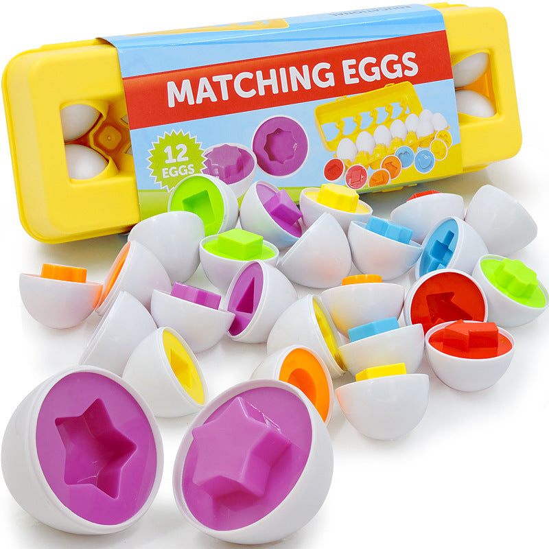 Colorful matching eggs toy set with packaging on a white background.
