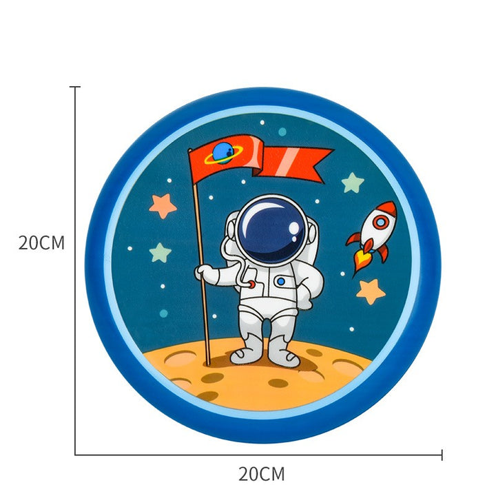 Illustration of an astronaut on the moon with a flag, rocket, and stars, with dimensions indicated.