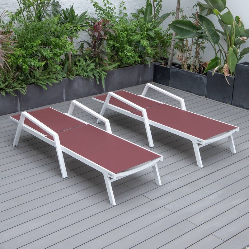 LeisureMod Marlin Patio Chaise Lounge Chair with Armrests in White Aluminum Frame, Set of 2 in Burgundy Flat View.