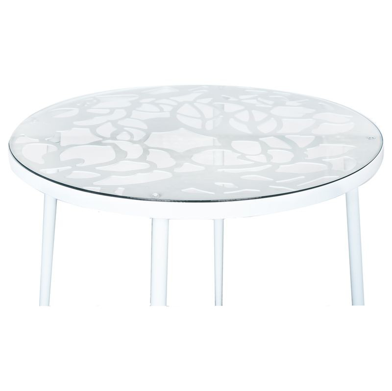 LeisureMod Devon Tree Design Glass Top Aluminum Base Indoor Outdoor Bistro Dining Table White Top View.