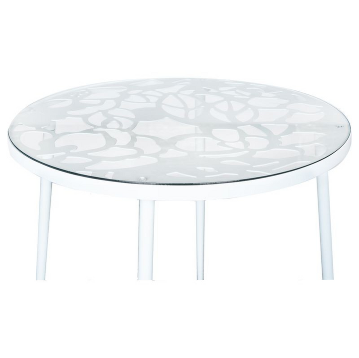 LeisureMod Devon Tree Design Glass Top Aluminum Base Indoor Outdoor Bistro Dining Table White Top View.