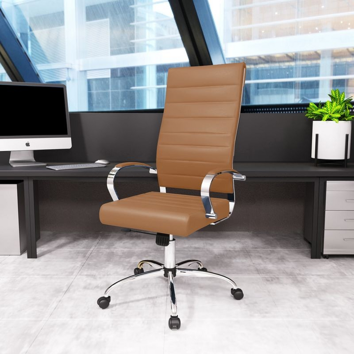 LeisureMod Benmar High-Back Leather Office Chair Brown in Room.