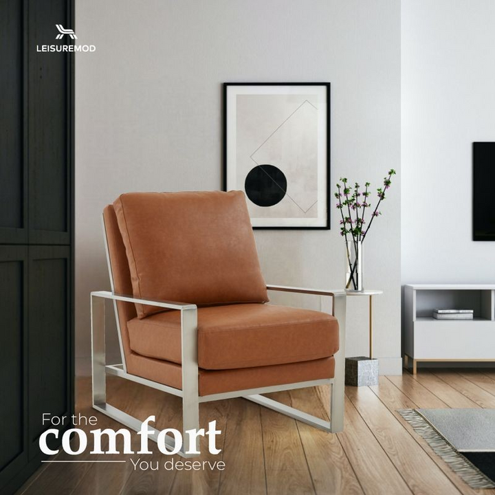 LeisureMod Jefferson Leather Modern Design Accent Armchair with Elegant Silver Frame Cognac Tan Comfort.