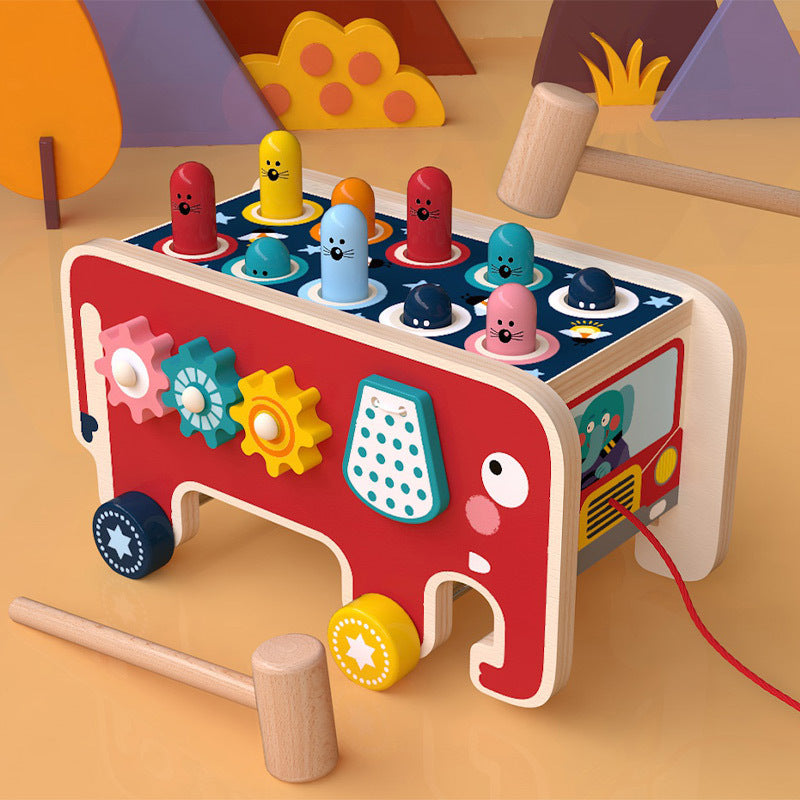Wooden Pounding Bench Toy – Montessori Animal Bus for Toddlers
