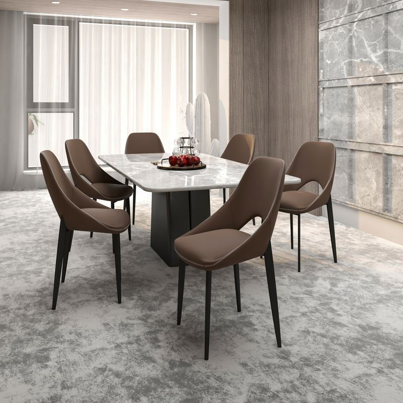 LeisureMod Amalfi Collection Fabric Modern Dining Chair in Light Brown at Table.