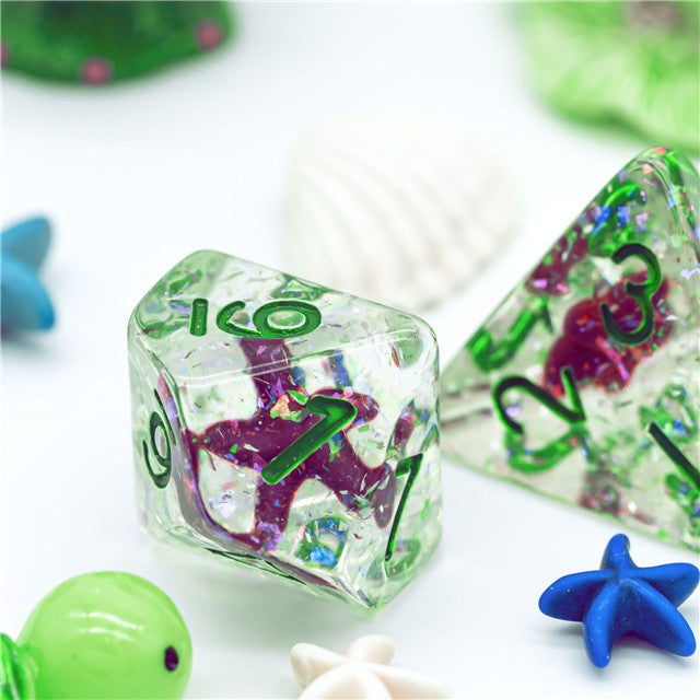 Green w/Purple Starfish Dice 7-Dice Set Resin Dungeons and Dragons Dice