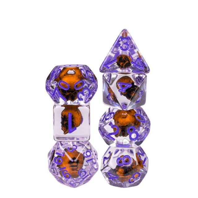 Orange Skull Dice | Clear RPG 7-Dice Set w/ Purple Numbers