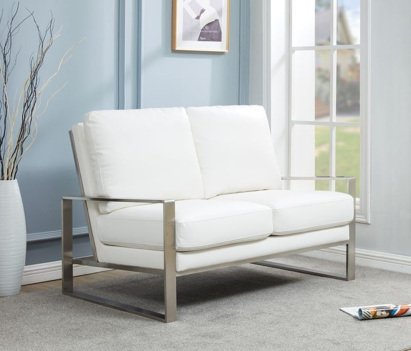 Leisuremod Jefferson Contemporary Modern Faux Leather Loveseat with Silver Frame White with Background.