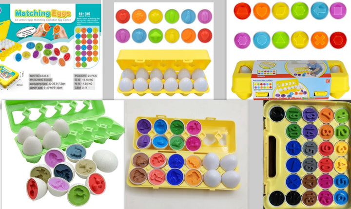 Colorful educational toys for children, including an egg-shaped sorting game and a matching eggs game.