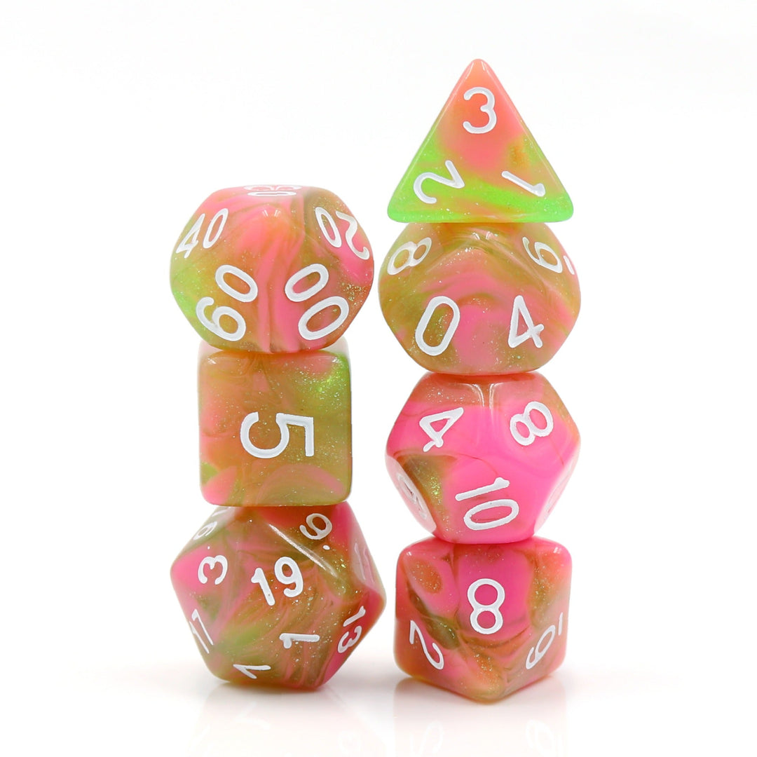 Apple Taffy Lime Green/Pink Glitter/Swirl  7-Dice Set by HendgaDice