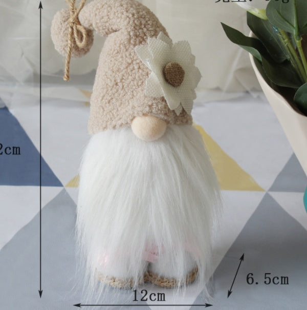 Decorative gnome with measurements on a geometric patterned surface.