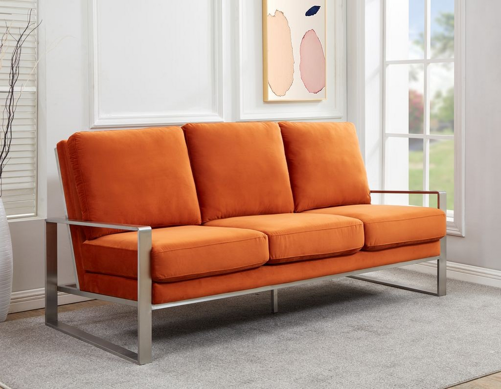 LeisureMod Jefferson Contemporary Modern Design Velvet Sofa with Silver Frame Orange with Background.