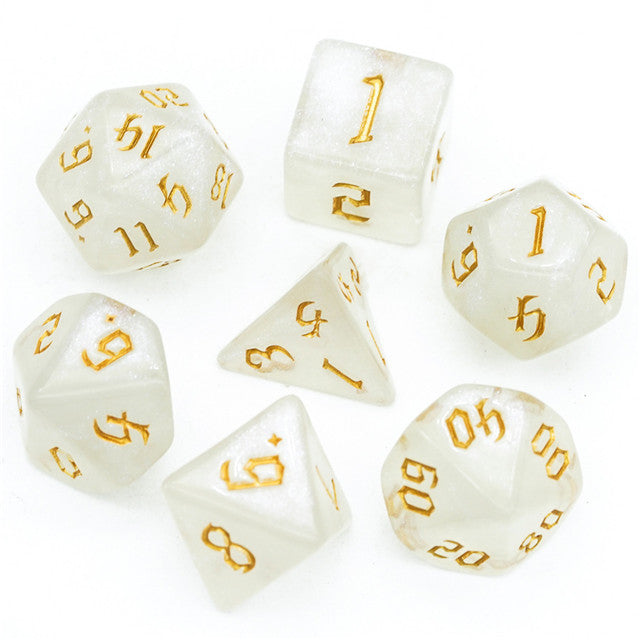 Glitter Party White Glitter Dice (Gold font) 7-Dice Set RPG DND
