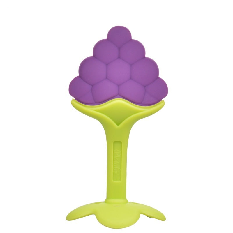 Purple and green teething toy on a white background.