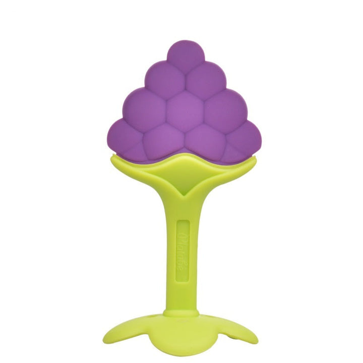 Purple and green teething toy on a white background.