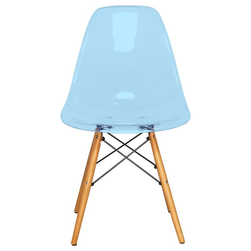LeisureMod Dover Plastic Molded Dining Side Chair Transparent Blue Front View.