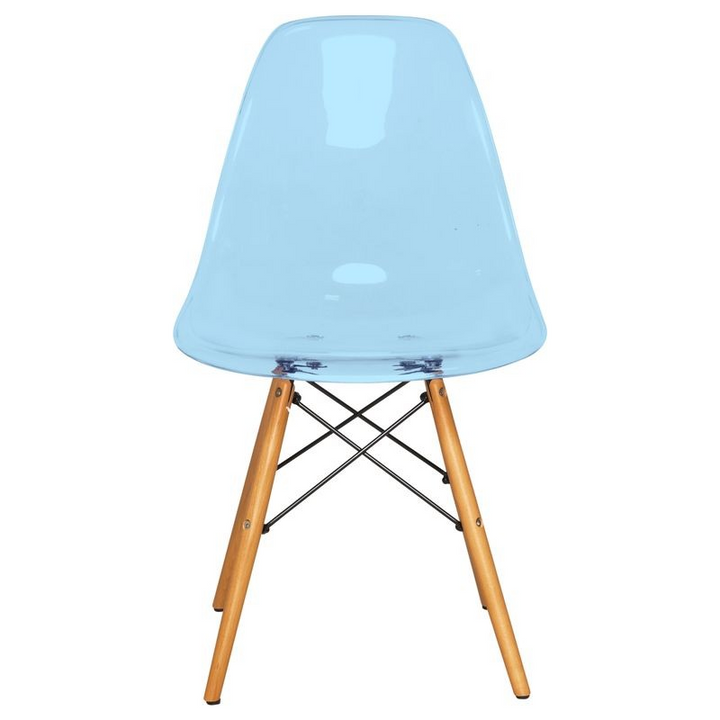 LeisureMod Dover Plastic Molded Dining Side Chair Transparent Blue Front View.