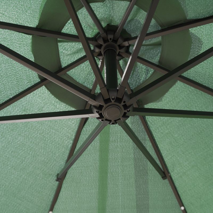 LeisureMod Willry Modern Outdoor 10 Ft Offset Cantilever Hanging Patio Umbrella with Solar Powered LED Green Closeup.