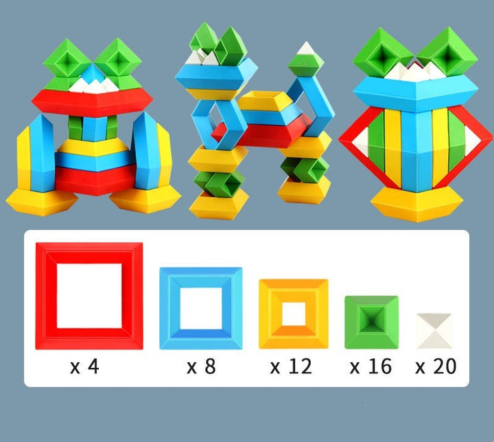 Colorful geometric building blocks with a chart showing quantity of each shape on a gray background.