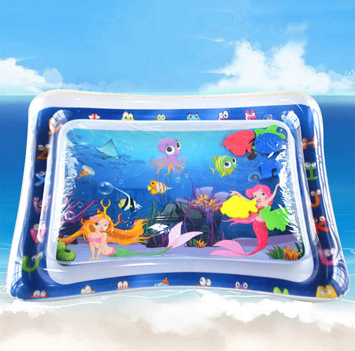 Inflatable water mat with mermaid and fish design on a blue background.