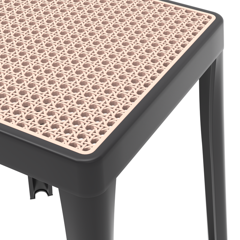 LeisureMod Tresse Series Stackable Poly Stool with Wicker Top in Black Closeup.