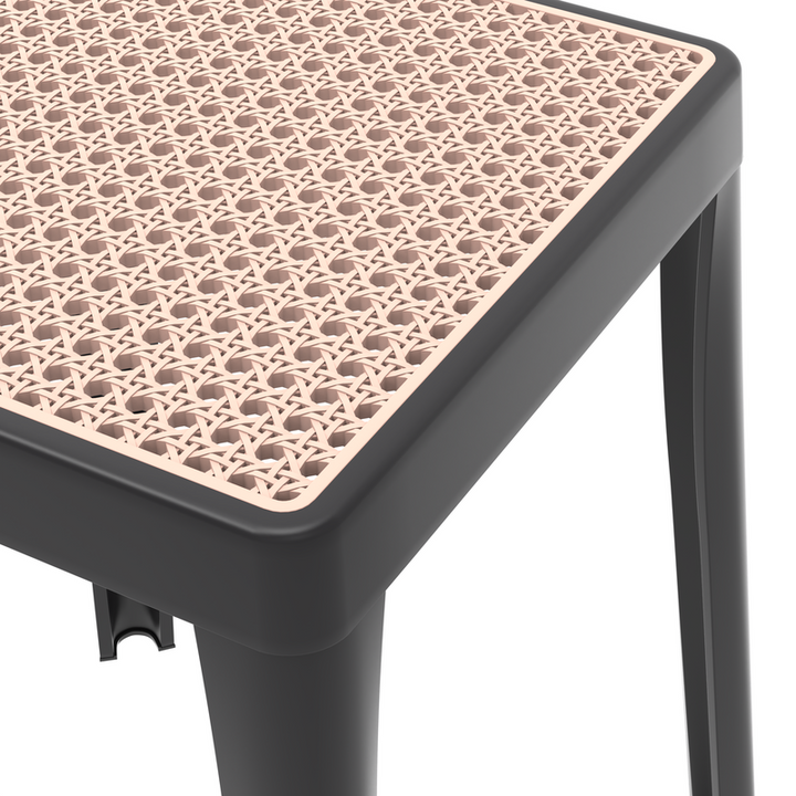 LeisureMod Tresse Series Stackable Poly Stool with Wicker Top in Black Closeup.