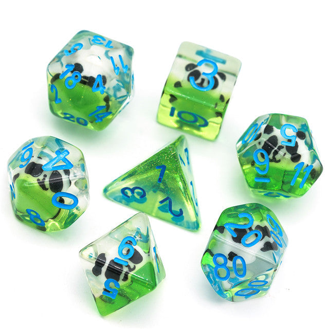 Panda on Green Field w/ Glitter 7-Dice Set