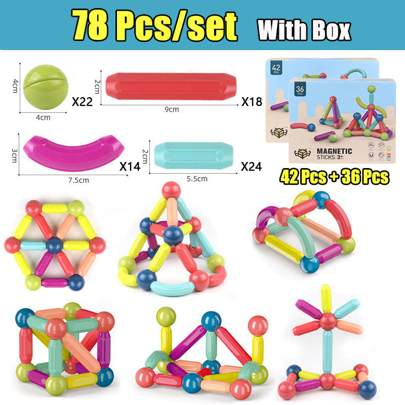 Colorful magnetic building sticks set with packaging and measurements on a blue background.