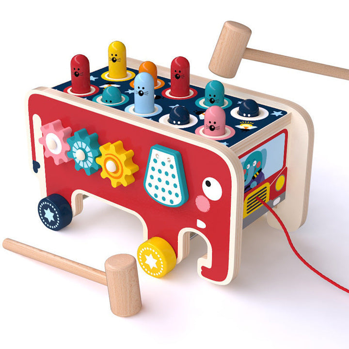 Wooden Pounding Bench Toy – Montessori Animal Bus for Toddlers