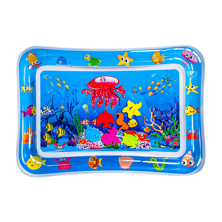 Inflatable water mat with colorful underwater sea creature designs on a blue background.