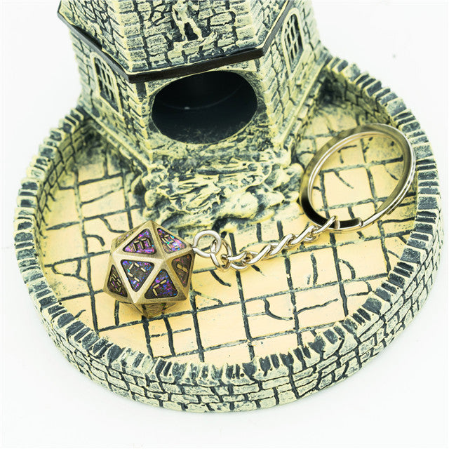 Metal D20 w/ Purple Glitter Keychain Analogue Font d20