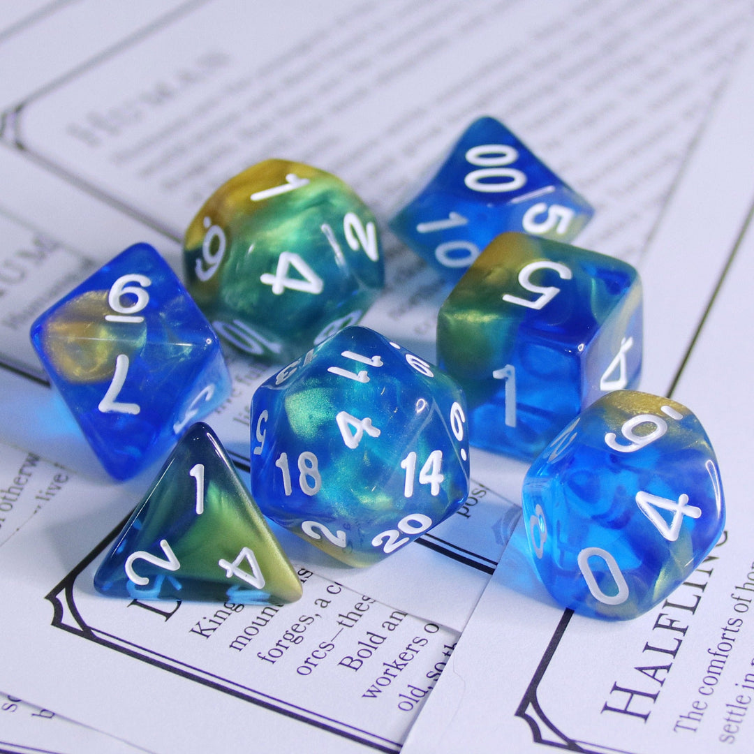 Starry Night Glitter Blue with White Numbering 7-Dice Set RPG
