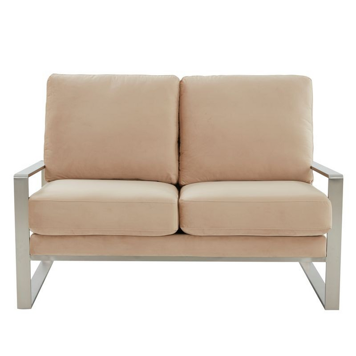 Leisuremod Jefferson Contemporary Modern Velvet Loveseat with Silver Frame Beige Front View.
