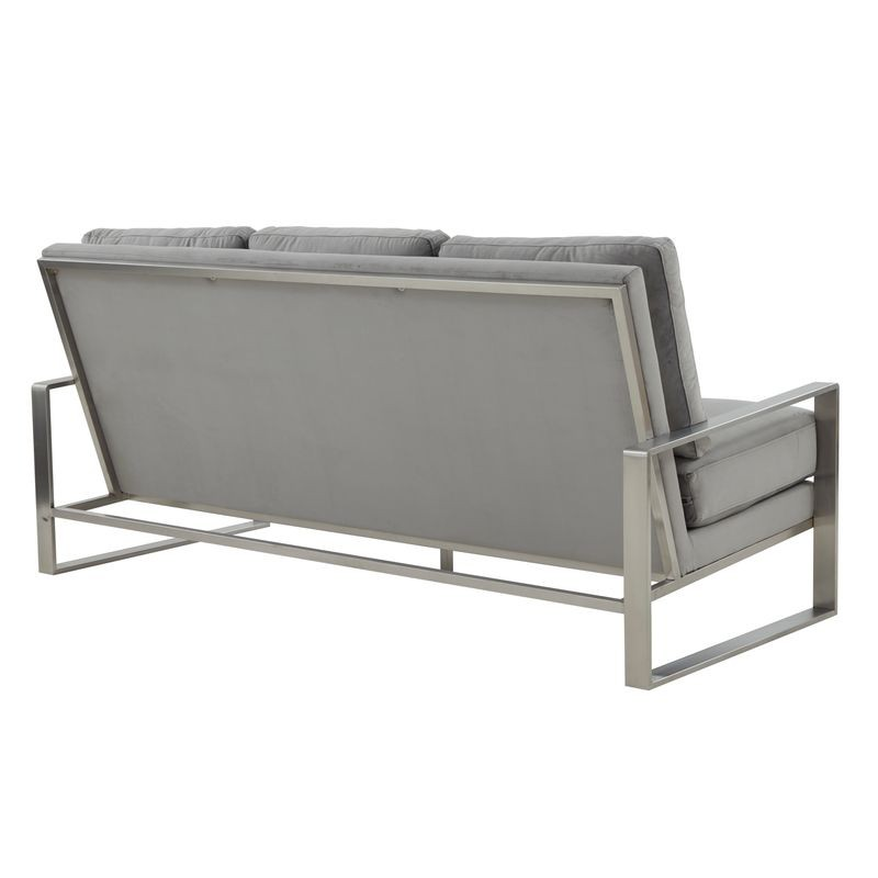 LeisureMod Jefferson Contemporary Modern Design Velvet Sofa with Silver Frame Light Grey Back View.