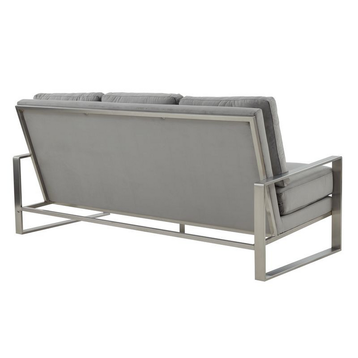 LeisureMod Jefferson Contemporary Modern Design Velvet Sofa with Silver Frame Light Grey Back View.