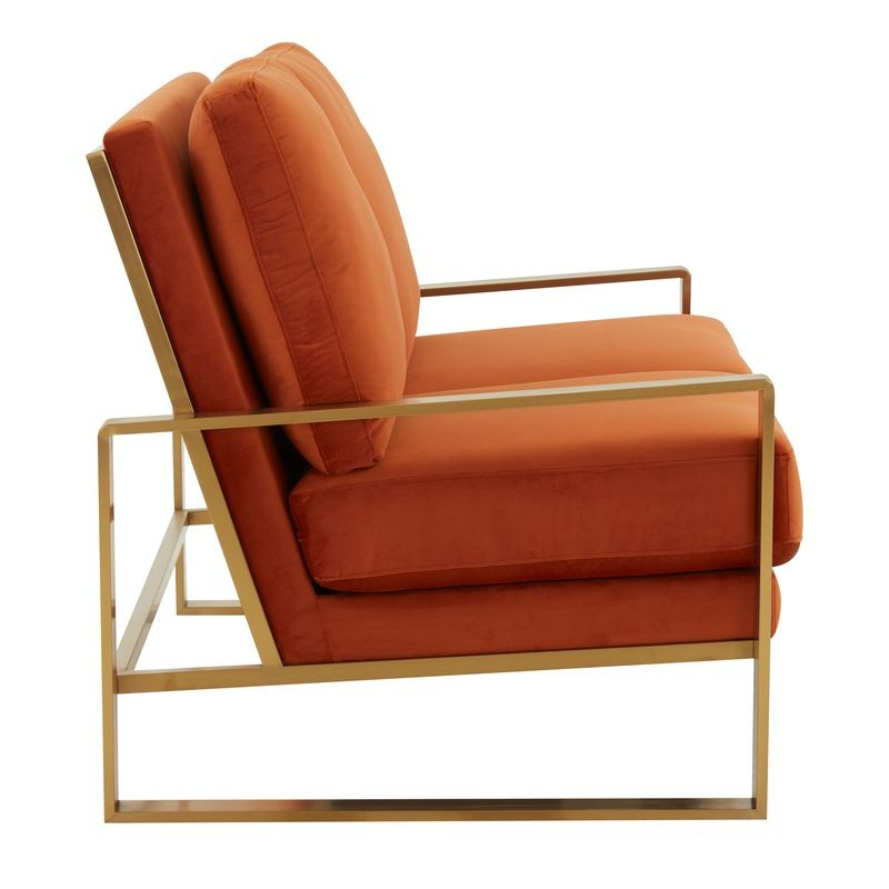 Leisuremod Jefferson Contemporary Modern Velvet Loveseat with Gold Frame Orange Side View.