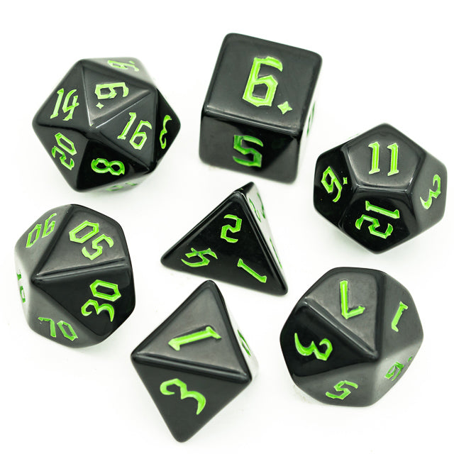 Economy Black Dice (Green font) 7-Dice Set RPG DND