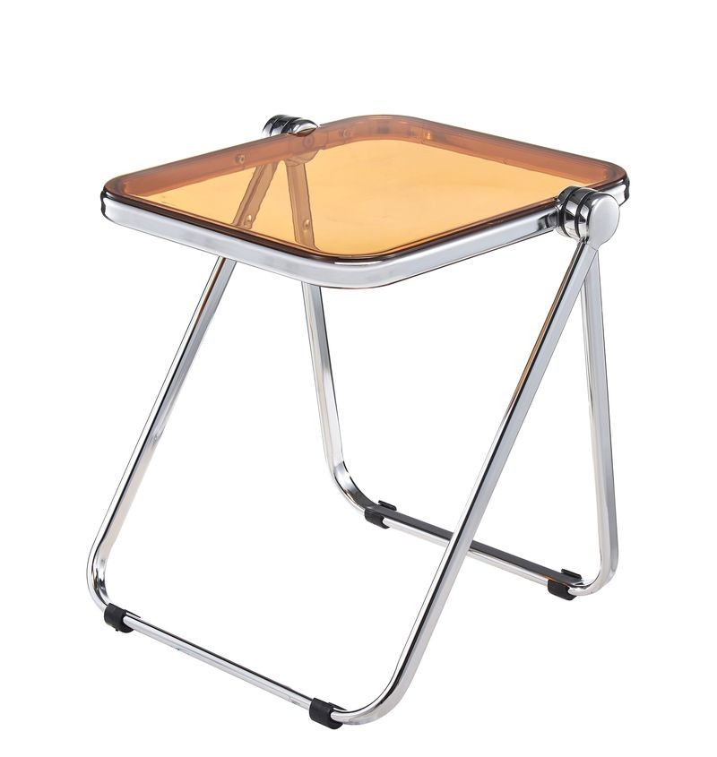 LeisureMod Lawrence Mid-Century Modern Rectangular Folding Side Table in Chrome Finish with Plastic Tabletop and Aluminum Frame Orange Top View.