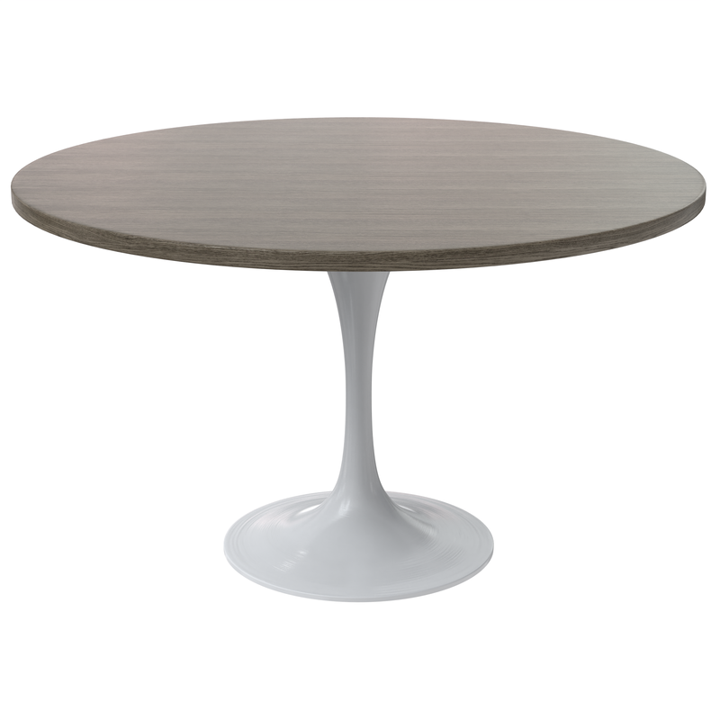 LeisureMod Verve Collection 48 Round Dining Table, White Base with Dark Maple MDF Top
