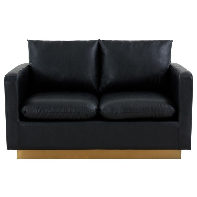 LeisureMod Nervo Modern Mid-Century Upholstered Faux Leather Loveseat with Gold Frame Black Front View.