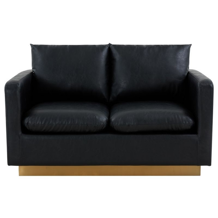 LeisureMod Nervo Modern Mid-Century Upholstered Faux Leather Loveseat with Gold Frame Black Front View.