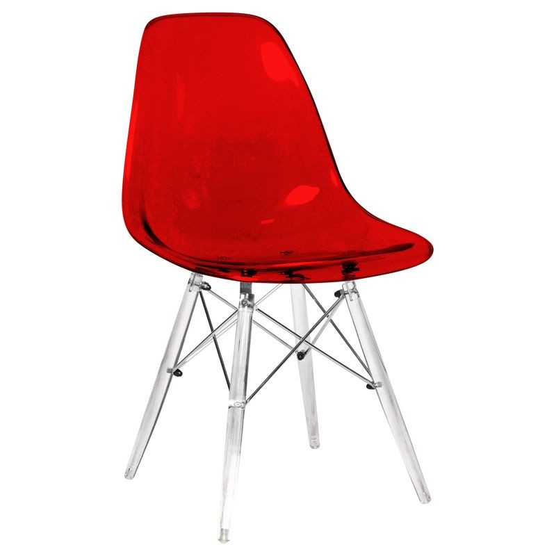 LeisureMod Dover Molded Side Chair with Acrylic Base Transparent Red