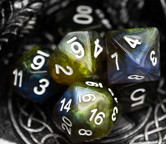 Yellow & Blue w/white Galaxy Glitter 7-Dice Set RPG