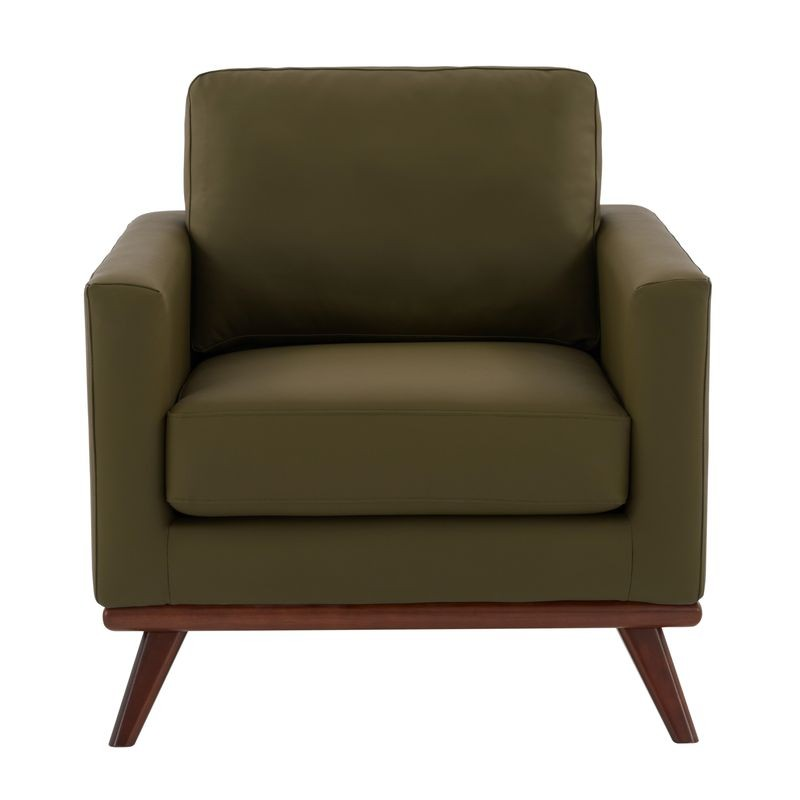 LeisureMod Chester Modern Faux Leather Accent Armchair in Green Leather Front Photo.