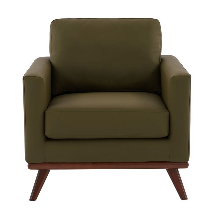 LeisureMod Chester Modern Faux Leather Accent Armchair in Green Leather Front Photo.