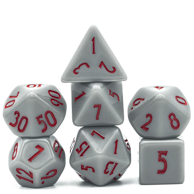 Grey Homage 7-Dice Set w/Red Numbers Minimalist