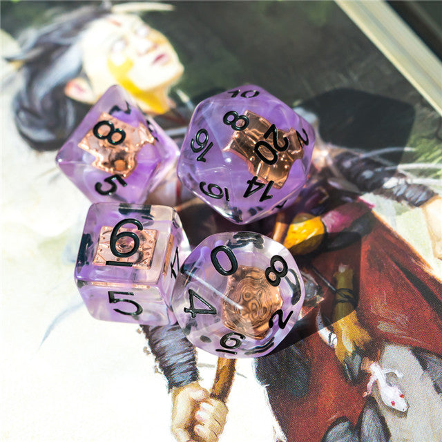Warlock (Magic Book) Clear Purple Dice w/ Golden Book 7-Dice Set Rpg