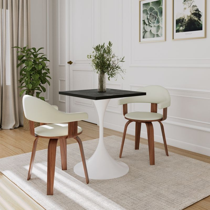 LeisureMod Verve Collection 24 Square Dining Table, White Base with Black MDF Top with Chairs.