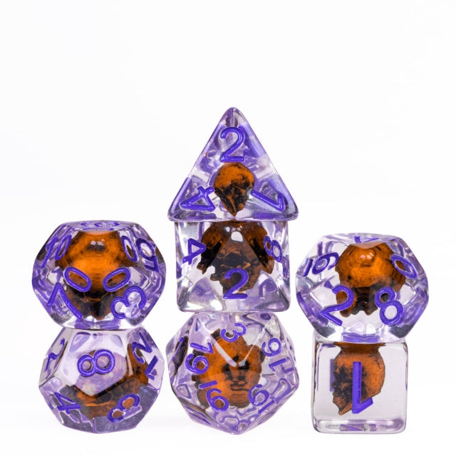 Orange Skull Dice | Clear RPG 7-Dice Set w/ Purple Numbers