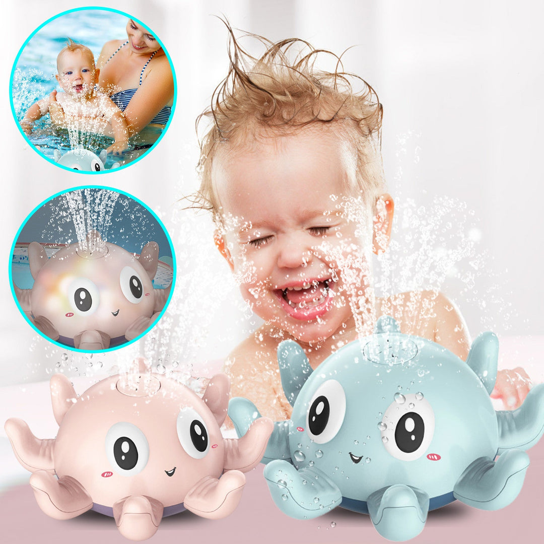Two cartoon octopus bath toys with a child playing in the background.
